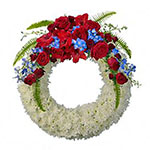 White Wreath with Red Crown on Stand